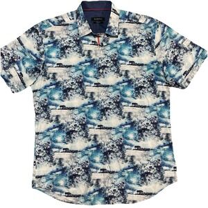 Bugatchi Shaped Fit Men's Button Up Short Sleeve Shirt Size Large Boat Water